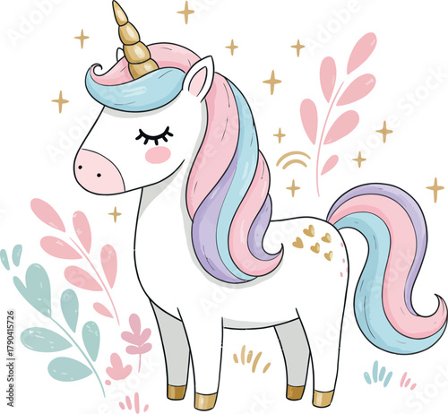 Cute pastel unicorn with gold horn and sparkles