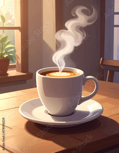 Cup of warm latte in a room, art, painting