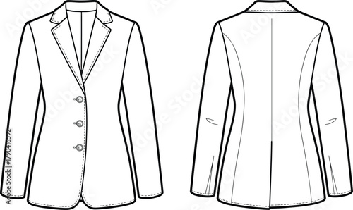 Classic women’s blazer fashion flat sketch vector illustration front and back view with three buttons, tailored seams, and lapel collar