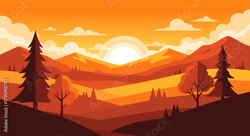 Vector illustration of a serene mountain landscape at sunset with warm orange and brown tones, featuring trees and clouds in a beautiful nature scene, perfect for digital projects and backgrounds