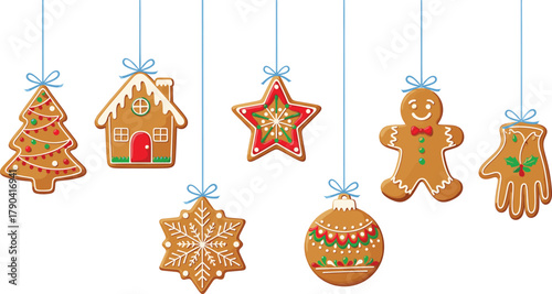 Festive Hanging Gingerbread Cookies Set Adorned with Icing, Perfect for Christmas Decorations, Holiday Cards, and Winter Celebrations.