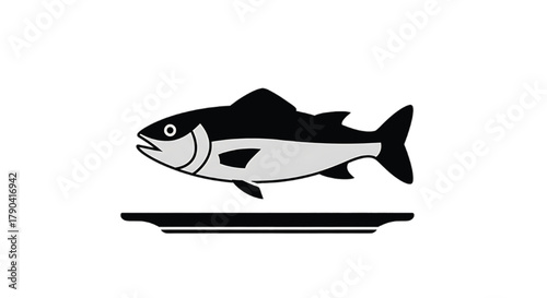 Stylized illustration of a whole fish presented on a platter