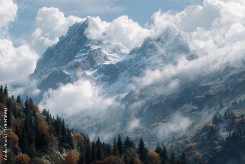 Snow-capped Mountain Peaks Rise Above a Colorful Forest Under a Cloudy Sky in...