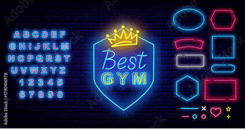 Best gym neon label. Shield with crown. Athletics club. Geometric frames collection. Vector stock illustration
