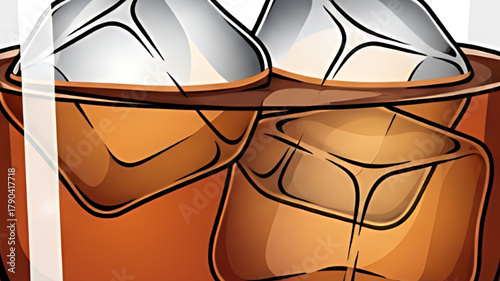 Refreshing amber beverage with ice cubes in a glass, perfect for a cool summer drink.