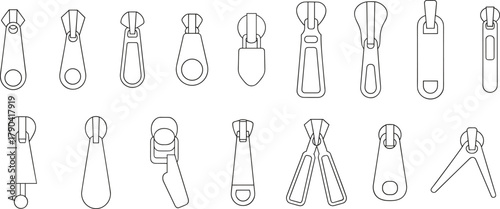 Zipper puller fashion flat sketch vector illustration set showing various metal and plastic zip designs for clothing and accessory details