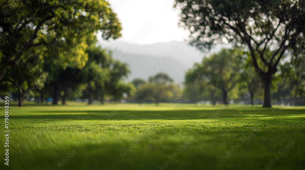 Obraz premium Lush green parkland with scattered trees and distant mountains green grass sunlight