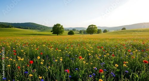 Vibrant Wildflower Meadow Under a Clear Blue Sky.