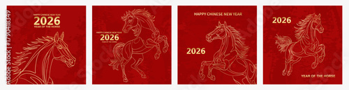 2026 Chinese New Year of the Red Fire Horse Banner Template with Modern Line Art Golden Horse on Red Background. Design Happy Holidays Greeting Card and Invitation of Chines Happy New Year