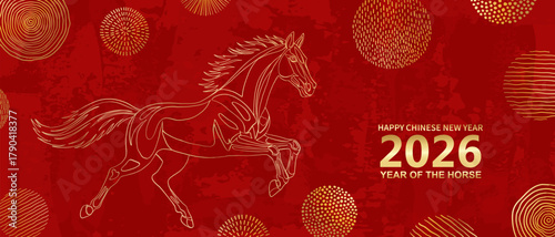 2026 Chinese New Year of the Red Fire Horse Banner Template with Modern Line Art Golden Horse on Red Background. Design Happy Holidays Greeting Card and Invitation of Chines Happy New Year