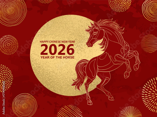 2026 Chinese New Year of the Red Fire Horse Banner Template with Modern Line Art Golden Horse on Red Background. Design Happy Holidays Greeting Card and Invitation of Chines Happy New Year