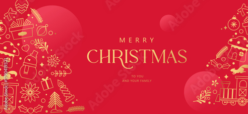 Luxury Christmas vector illustration with golden outline Christmas elements on red background. Season's greeting design for banner, poster, cover, greeting card.

