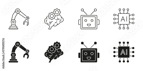 Artificial Intelligence Robotics and Automation Line and Solid Icon Set. Smart Machines, Neural Computing and Digital Innovation Symbol Collection. Isolated Vector Illustration