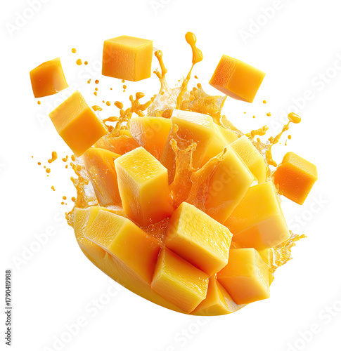 Fresh mango chunks exploding into juice splash