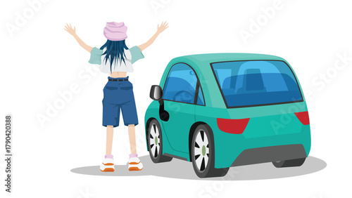 Concept travel time of young girl. Woman in bright clothes raises her arms in joy, showing her hopes fulfilled. Car is parked next to it. Traveling by vehicle alone. Isolated white background.