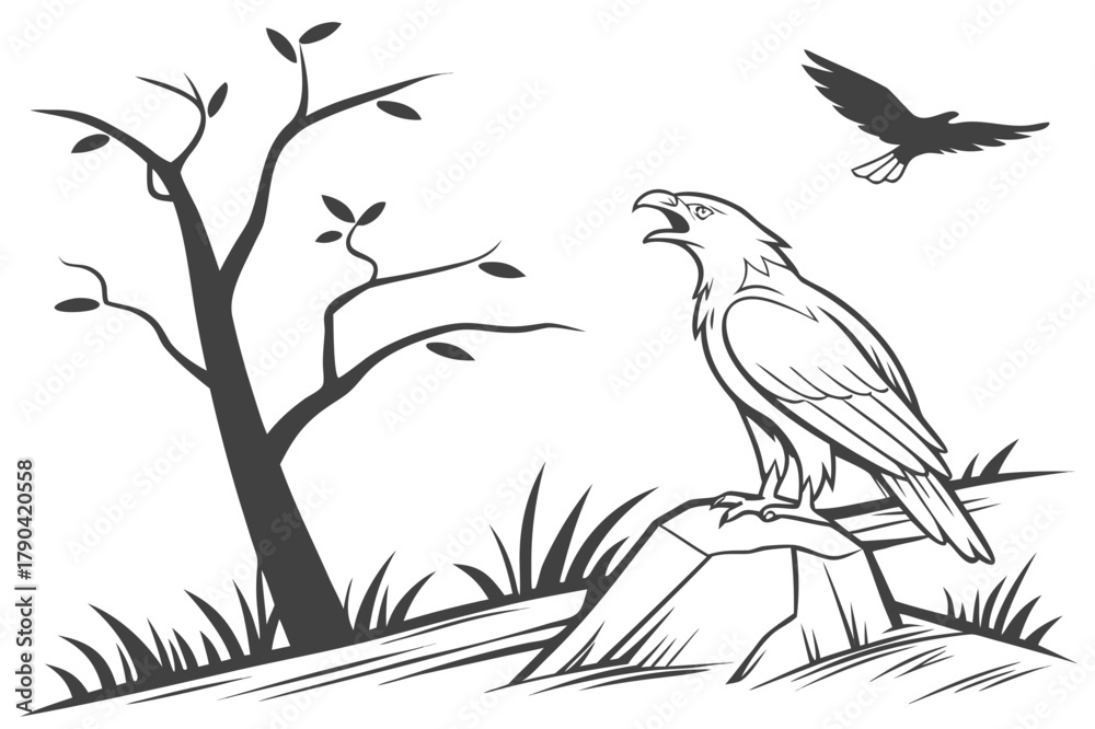 Obraz premium Bare Tree and Hiker Silhouette Vector - Monochrome Graphic