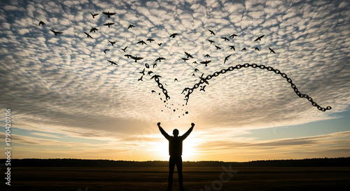 A person stands silhouetted against a sunset sky, with a flock of birds breaking free from chains, symbolizing freedom and liberation.