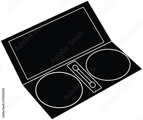 Outline makeup palette icon with mirror, two pans and brush applicator for cosmetics packaging, beauty products and makeup kit transparent background.