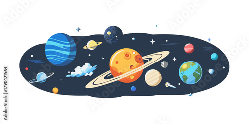 View from space to the planet Earth, galaxies, stars, comet, asteroid, meteorite, nebula, Saturn, Jupiter. Cosmic panorama of the universe. Space travel.