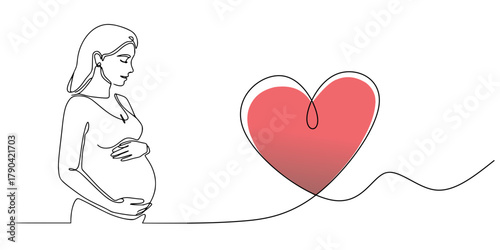 Heartbeat Within: A Line of Love, A minimalist line drawing of a pregnant figure holding their belly, ending in a red heart—symbolizing love and lif