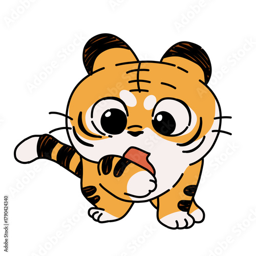 Adorable cartoon tiger licking its paw.