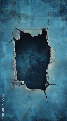 Cracked Blue Wall Revealing a Dark Void in a Weathered Surface