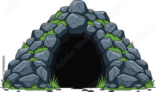 Mysterious Stone Cave Entrance with Green Grass and Dark Opening, Isolated Vector Illustration for Adventure and Nature.