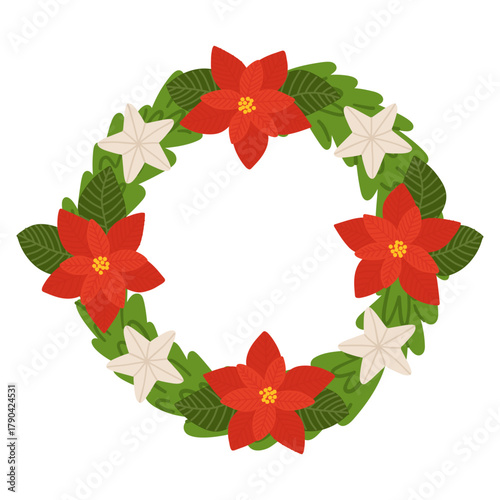 Vector hand drawn Christmas wreath decorated with poinsettia and stars. Holiday design element isolated on white background