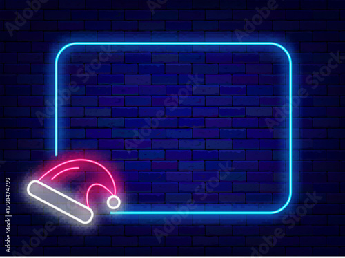 Merry Christmas neon advertising. Season greetings. Nightclub ad sale invitation. Empty white frame. Vector stock illustration