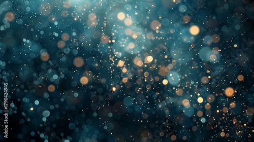 Abstract background featuring shimmering bokeh lights in various sizes, creating a dreamy atmosphere with a blend of blue and gold tones, ideal for festive or celebratory themes 