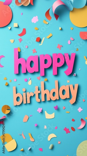 Creative Paper Art With Colorful Flowers and Happy Birthday Message on Blue B...