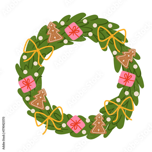 Vector hand drawn Christmas wreath decorated with gingerbread cookies, bows, gift boxes. Holiday design element isolated on white background