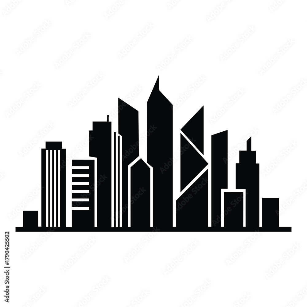 Fototapeta premium Abstract City Skyline Silhouette – Minimalist Black Icon of Urban Architecture and Metropolitan Design