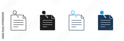 Document With Pin Line And Solid Icon Set. Note Attachment And Reminder Symbol Collection. Office Organization And Task Management. Isolated Vector Illustration