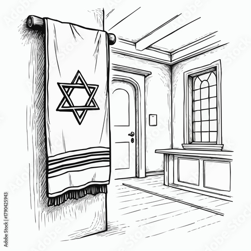 Prayer shawl (tallit) hanging in synagogue interior with Star of David in sketchy doodle style  