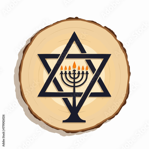 Star of David carved in wood near candle-lit menorah in modern style  