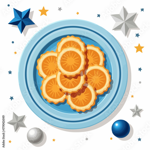 Latkes on plate surrounded by festive blue and silver decorations  