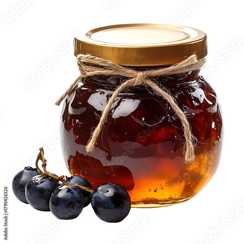 Dark jam in glass jar with berries on transparent background