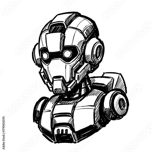 black and white hand drawn robot head sketch for gaming avatar, ai technology blog design, science fiction book cover, or digital art prints and design projects