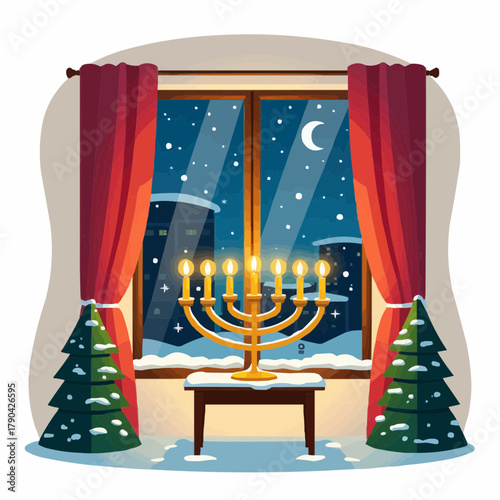 Menorah lighting beside window with snowy night and Christmas trees  