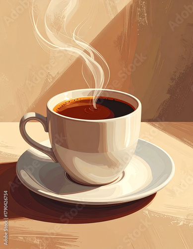 Hot chocolate in a porcelain cup with steam, art, painting