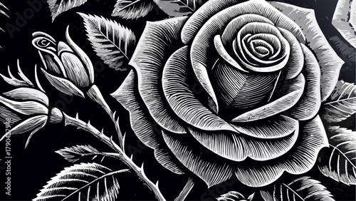 Elegant monochrome rose art with a classic etched feel, perfect for sophisticated designs, invitations, or artistic projects, conveying grace and beauty