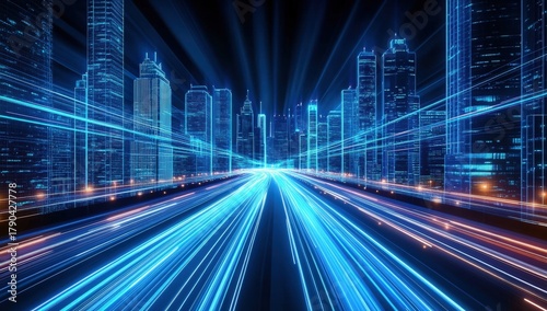 A futuristic cityscape with glowing blue light trails, depicting high-speed movement and a digital vibe in an urban environment.
