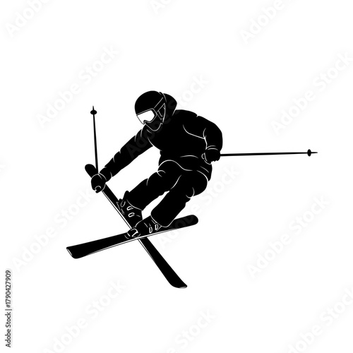 A black and white illustration of a freestyle skier in mid-air, symbolizing winter adrenaline, freedom, and extreme sports skill.