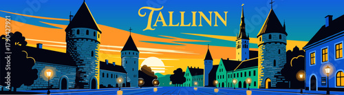 Tallinn skyline illustration with sunset