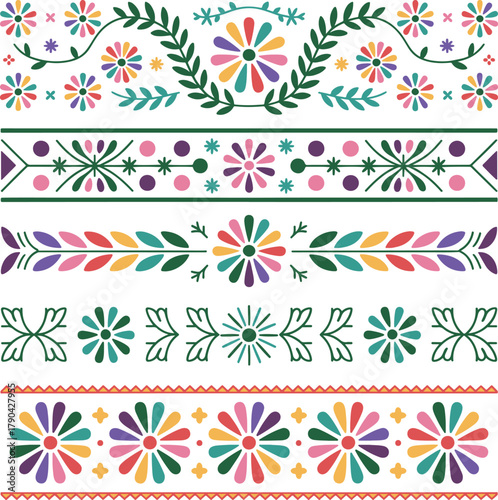 Decorative border colorful floral decoration, in traditional Peruvian colors. Festival Virgen de la Candelaria ethnic trim. National motif, cultural vector illustration