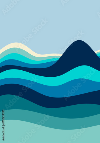 Abstract seascape with flowing blue and teal ocean waves. Minimalist vector background representing a tranquil water surface