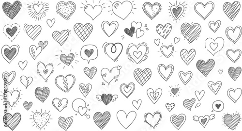 A collection of handdrawn, sketchy heart illustrations in various styles, isolated on a
