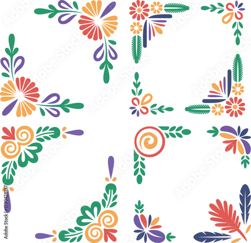 Set of colorful frame corner decorations, in traditional Peruvian colors. Festival Virgen de la Candelaria. National motif, feathers, floral accents, in vibrant colors. Cultural vector illustration