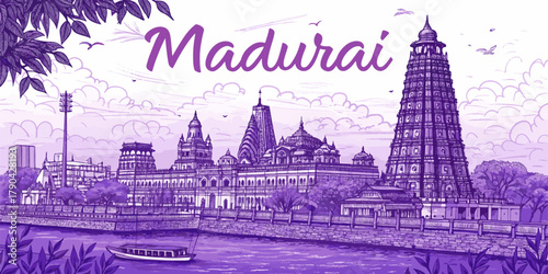 Madurai Skyline Sketch with Meenakshi Amman Temple and Cultural Landmarks – Hand-Drawn City Art for Tourism, Print, Poster, and Souvenir Use